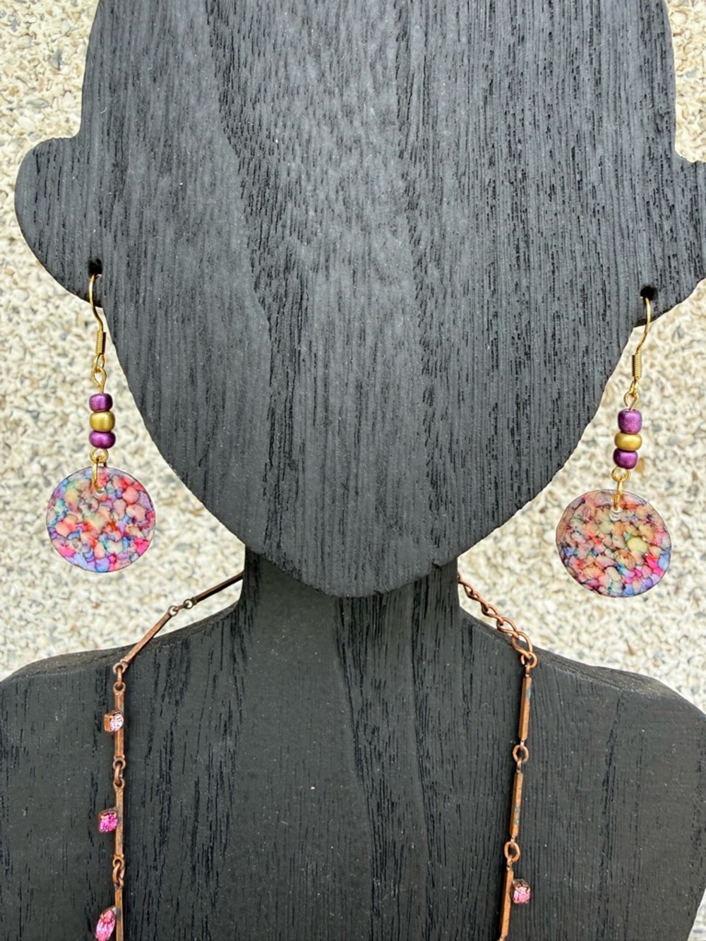 Set - Colorful Multicolor Resin Disc Drop Earrings with pink rhinestone necklace